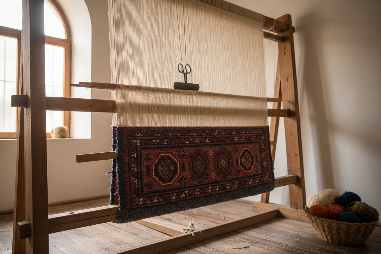 Cihangir atölyesinde kurulu dikey halı tezgâhı; gerili çözgü telleri arasında yarısı dokunmuş kök boyalı yün halı